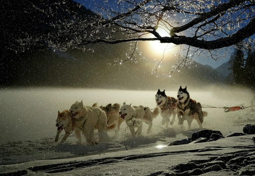 A team of sled dogs running through a snowy landscape at sunrise, showcasing the strength and endurance often seen in Canadian dog breeds