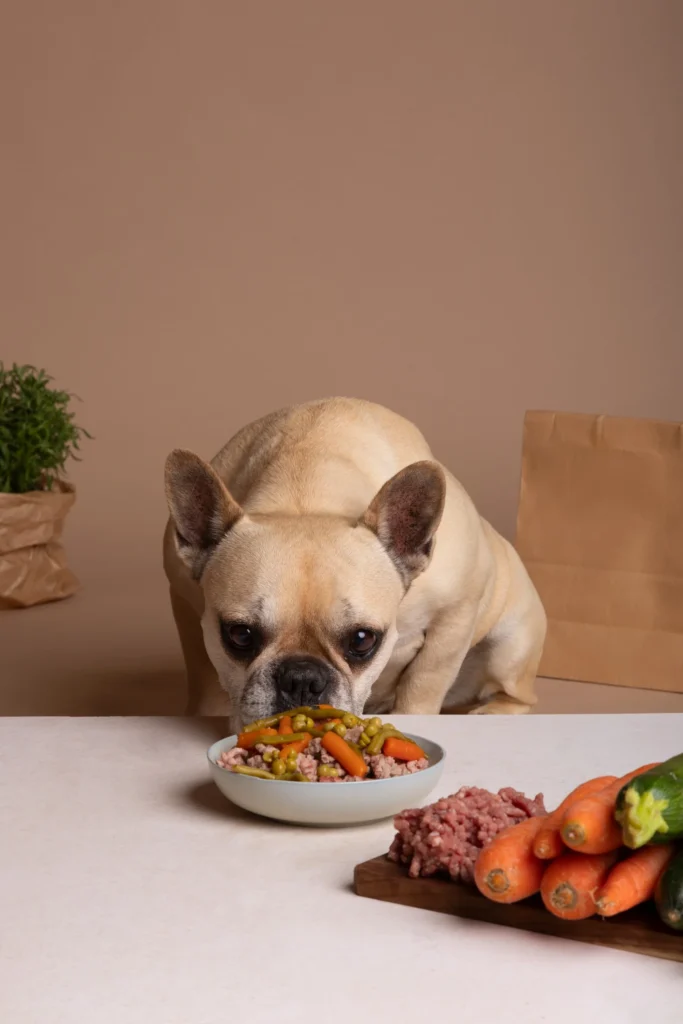 Dog eating allergy-friendly meal made with fresh ingredients, suitable as dog food for sensitive stomachs