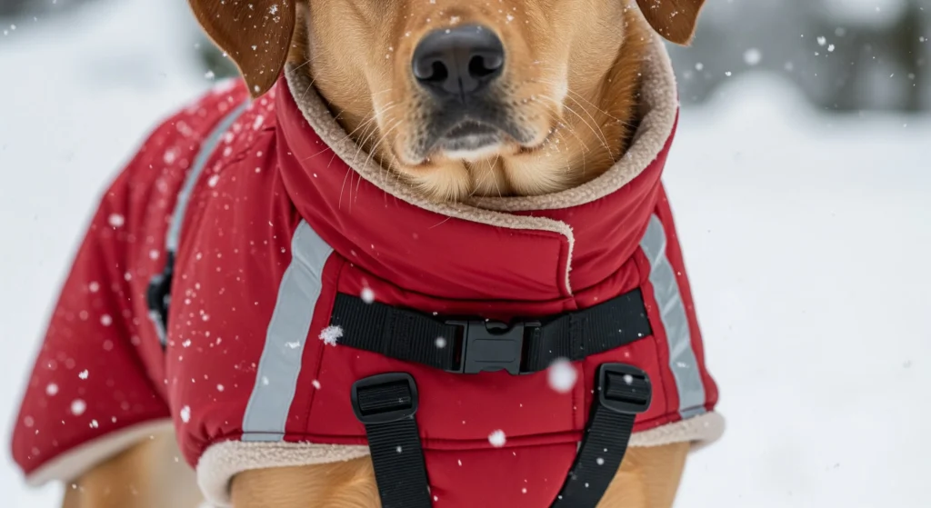 a photo of a dog wearing a red insulated winter coat with reflective panels and secure chest straps standing outside as snow gently falls around them
