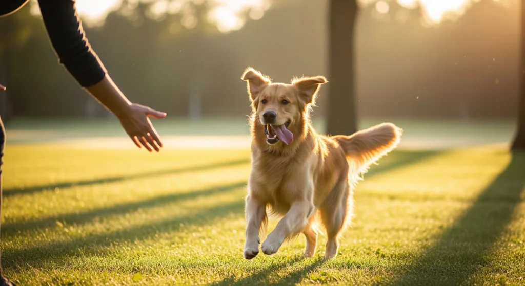 a photo of a golden retriever joyfully running across a sunlit field toward a person reaching out symbolising the excitement behind asking should i get a dog