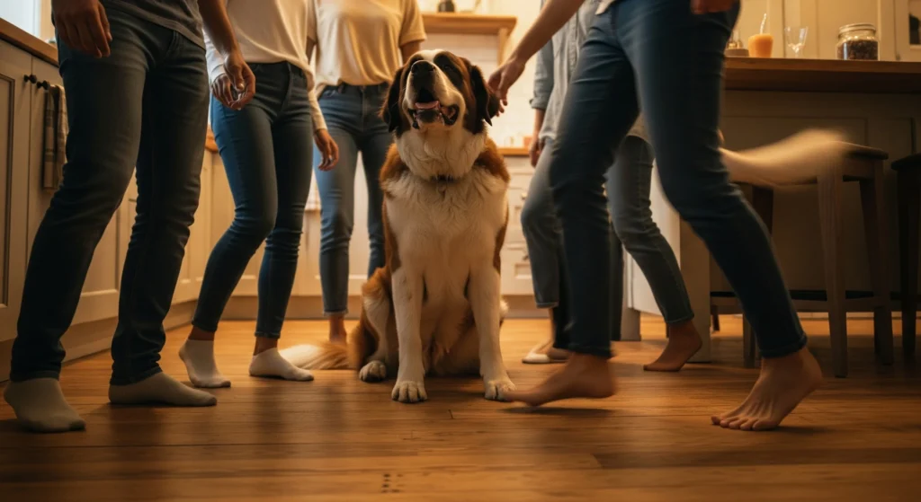 a photo of a large saint bernard sitting in the middle of a kitchen while several people stand and walk around it creating a lively household scene