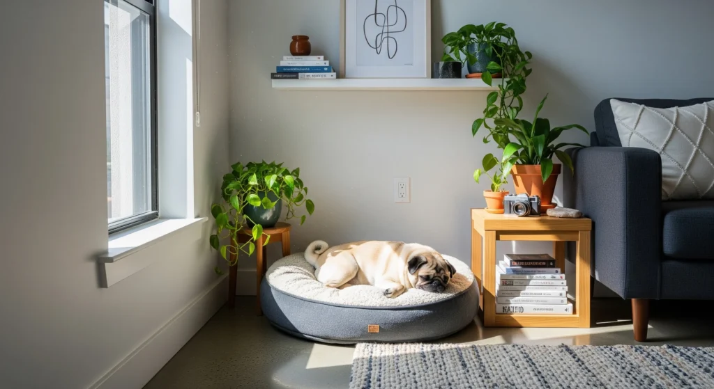 a photo of a pug sleeping peacefully on a dog bed in a bright plant filled apartment living room
