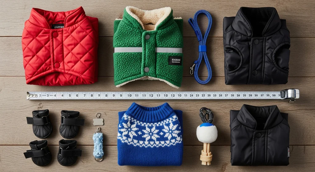 an image of various folded dog winter coats, sweaters, boots, and accessories neatly arranged on a wooden surface with measuring tape placed across the layout