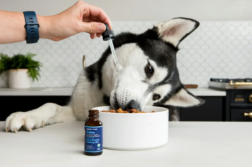 How to give a dog a pill by mixing liquid medication into food as a dog calmly eats from a bowl at home
