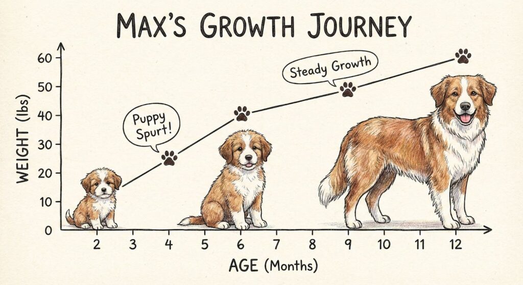 Picture of a growth journey chart for a dog named Max, illustrating his transition from a tiny puppy to a full-grown adult over a twelve-month period.