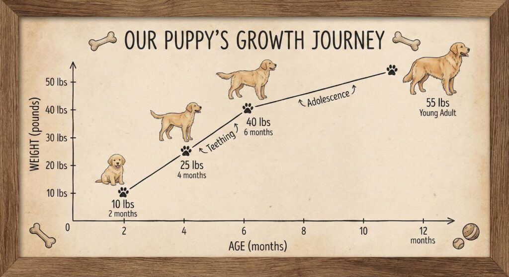 Picture of a framed "Puppy's Growth Journey" chart featuring a Golden Retriever reaching various weight milestones from two months to one year of age.