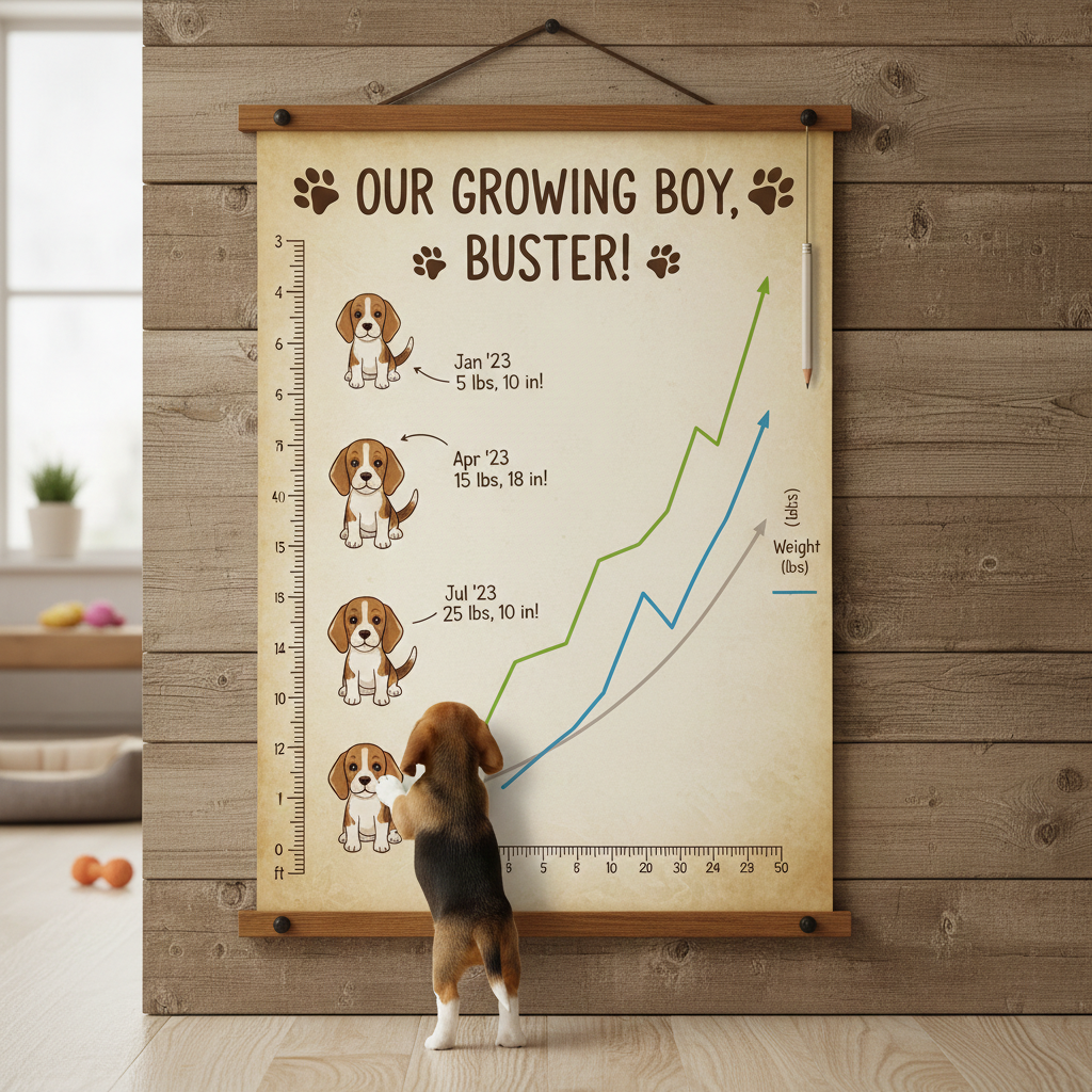 Picture of a small Beagle puppy standing on its hind legs to look at a wall-mounted growth chart titled "Our Growing Boy, Buster!" which shows his weight and height progress over several months.