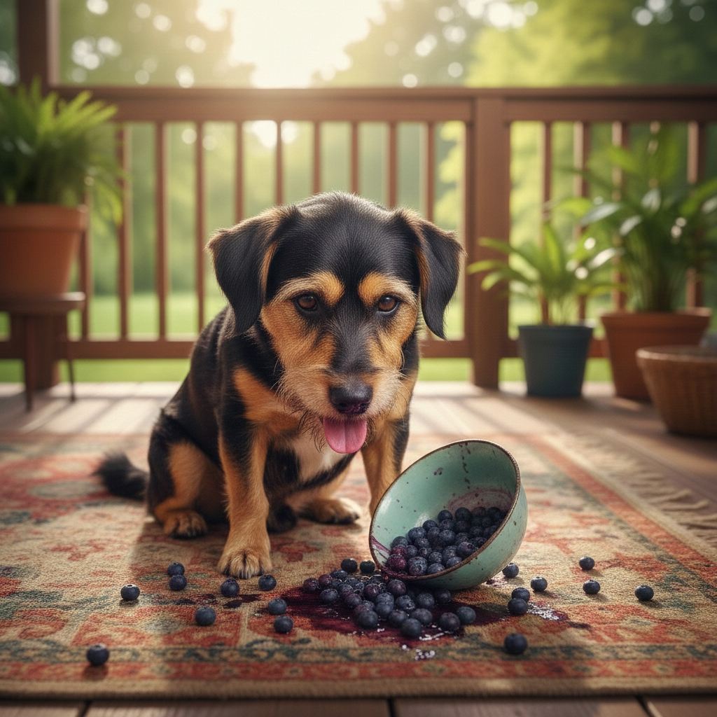 Picture of a small black and tan dog sitting on an outdoor rug next to an overturned bowl of blueberries.