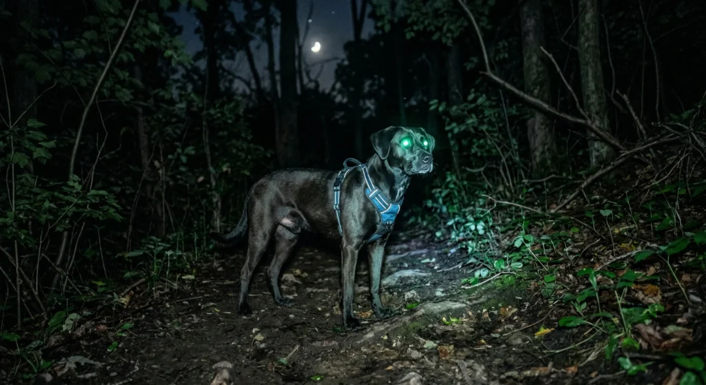 Picture of a black dog standing in a dark forest with glowing green eyes, demonstrating the question: “Can dogs see in the dark”
