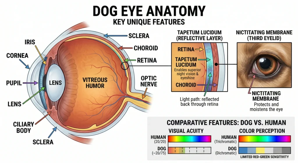 Picture of a detailed diagram showing the anatomy of a dog eye