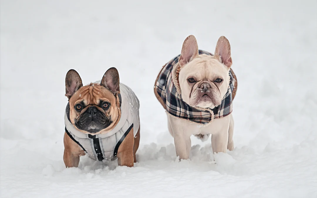 Picture of a pair of French bulldogs wearing winter coats standing in deep snow
