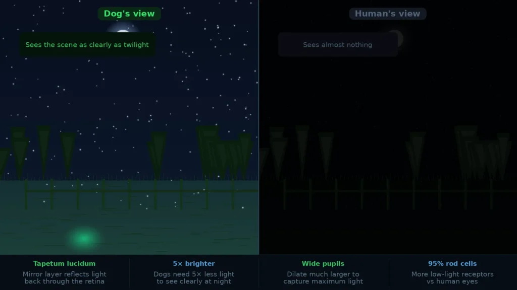 Picture of a split screen comparing dog night vision to human night vision