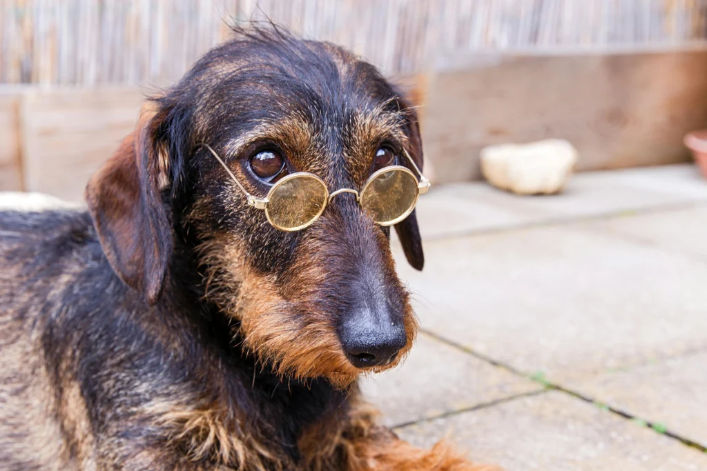 Picture of a wirehaired dachshund wearing round glasses outdoors