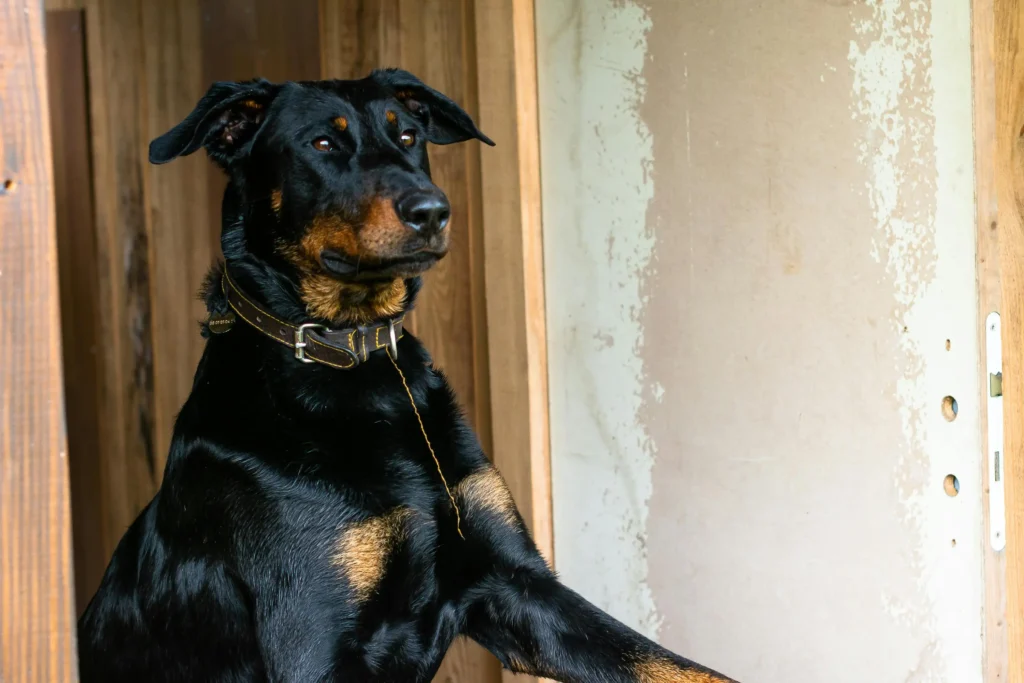 picture of a black and tan guard dog standing up against a wooden door framewebp