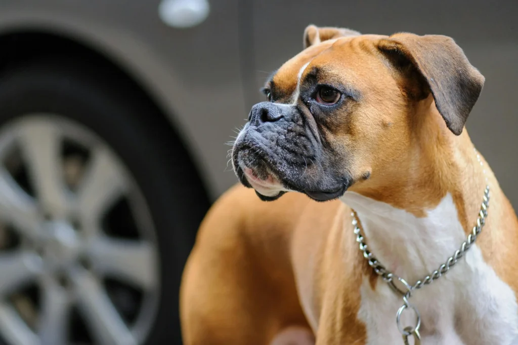 picture of a boxer dog wearing a chain collar looking off to the side
