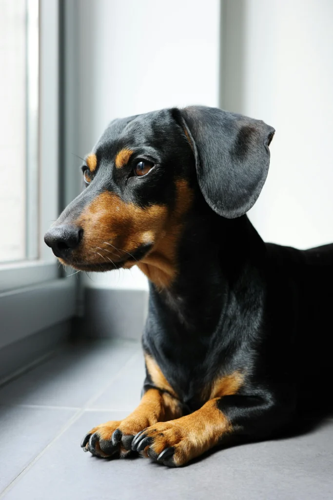 Picture of a black and tan dachshund looking thoughtfully out a window