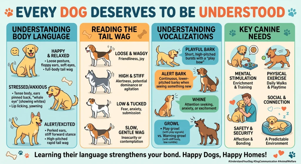 Picture of a detailed infographic explaining canine body language and needs