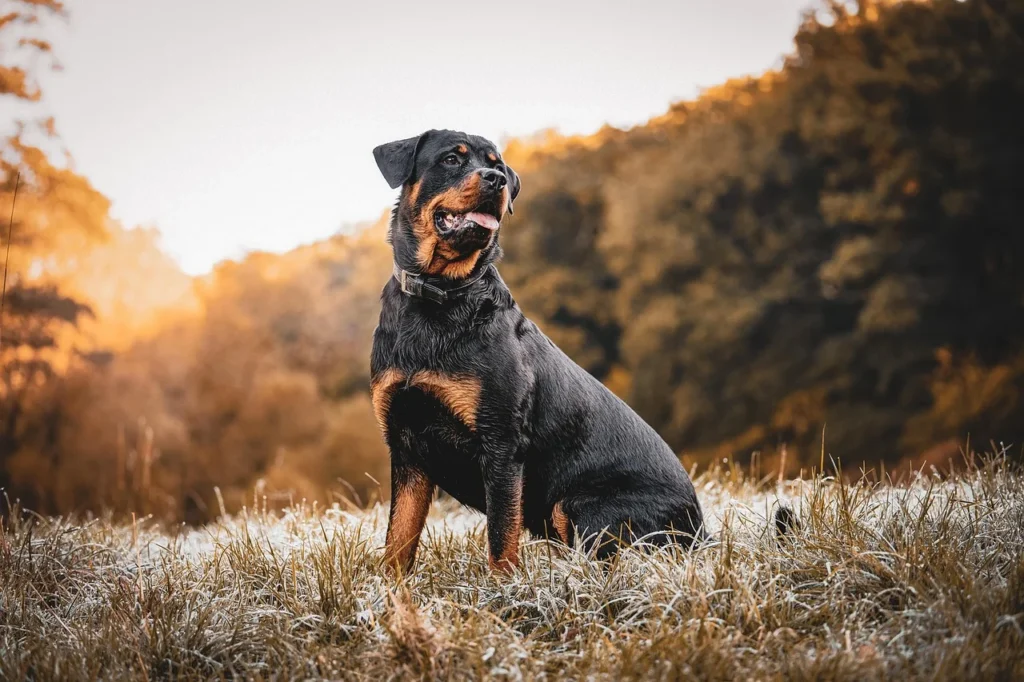 Picture of a rottweiler sitting in a frosty field during autumn