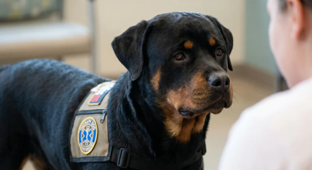 Picture of a rottweiler wearing a therapy dog vest looking at a person