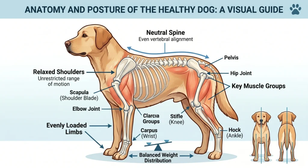 Picture of a visual guide showing the anatomy and skeleton of a healthy dog.