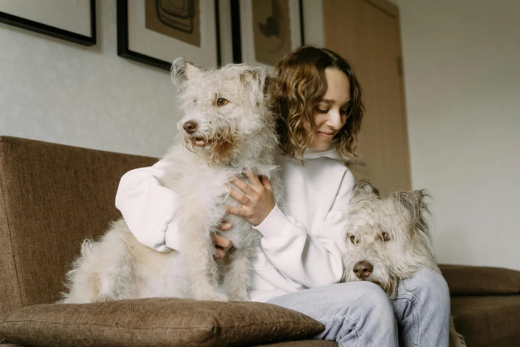 Picture of a woman sitting on a couch hugging two fluffy dogs