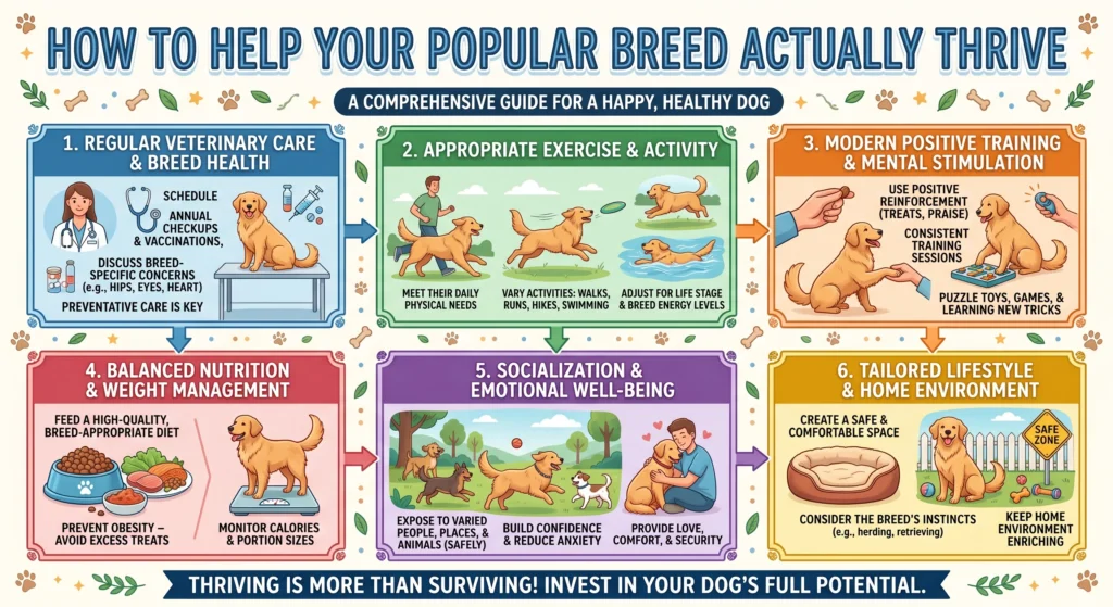 Picture of an educational chart explaining how to help a dog thrive through care and training