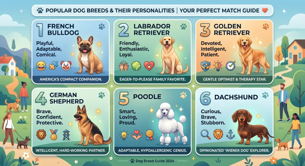 Picture of an illustrated guide showing popular dog breeds and their unique personalities