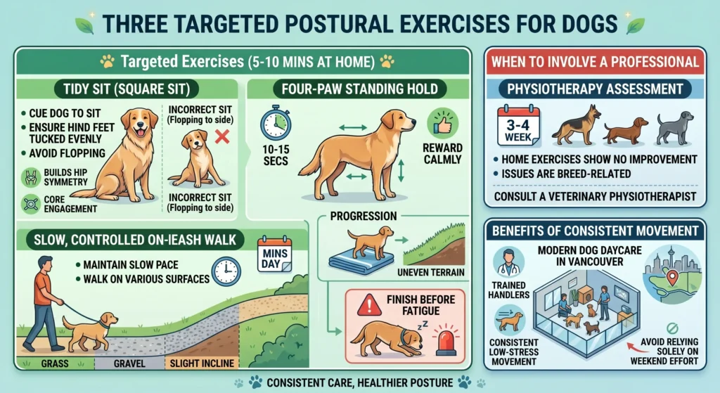 Picture of an infographic demonstrating three targeted postural exercises for dogs.