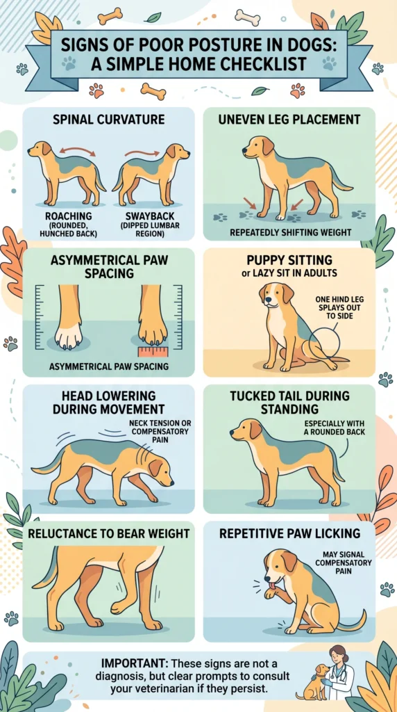Picture of an infographic detailing a simple home checklist for signs of poor dog posture.