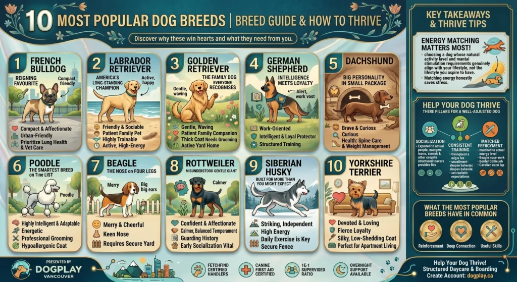 Picture of an infographic displaying the ten most popular dog breeds and their traits.