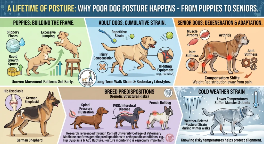 Picture of an infographic illustrating why poor dog posture happens from puppyhood to senior years.