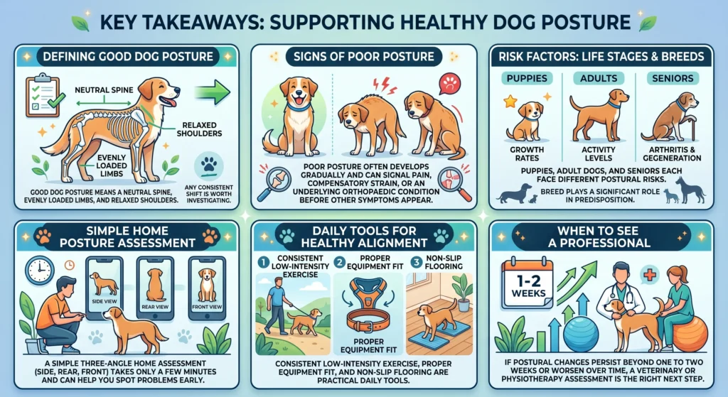 Picture of an infographic summarizing key takeaways for supporting healthy dog posture.