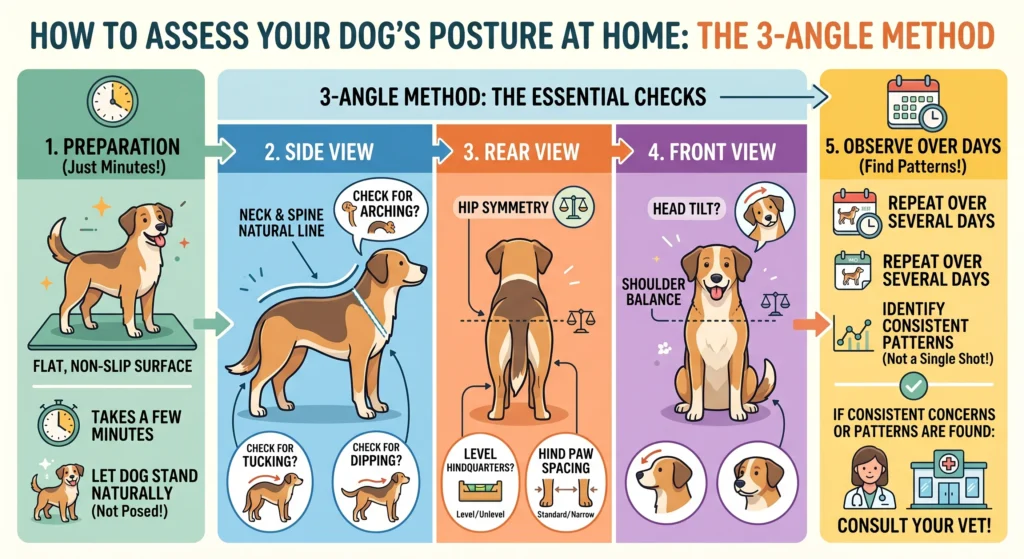 Picture of an instructional diagram explaining a three angle method to assess dog posture at home
