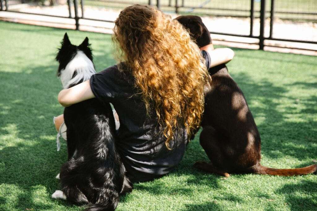 Picture of a woman sitting on grass, hugging two dogs to show what happens at dog boarding