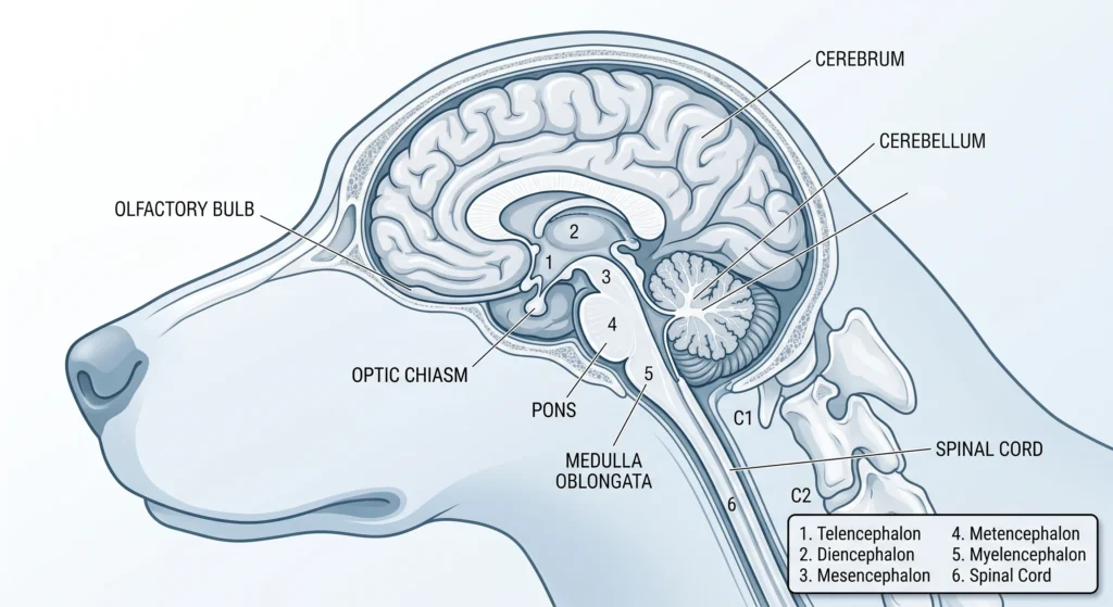 Picture of a canine brain and skull diagram