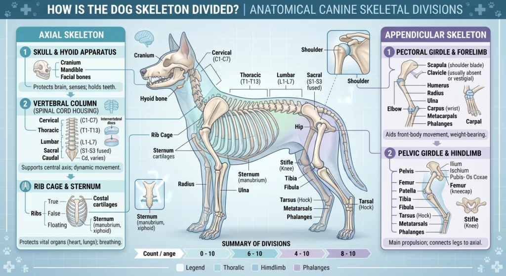 Picture of a canine skeleton divisions diagram