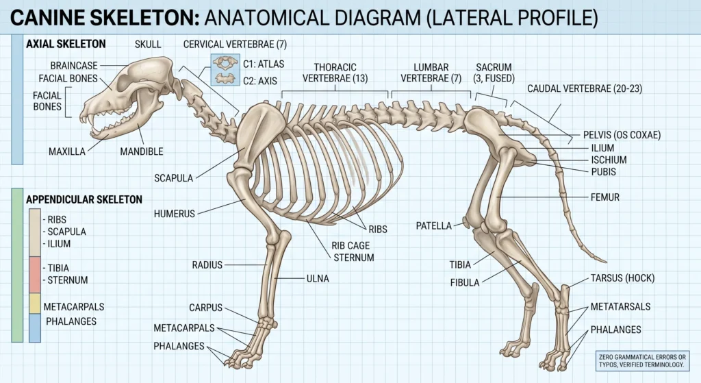 Picture of a lateral profile of a canine skeleton