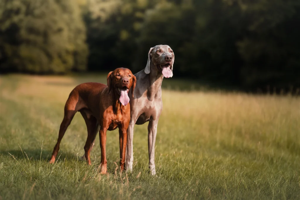 Picture of a vizsla and a weimaraner standing in tall grass
