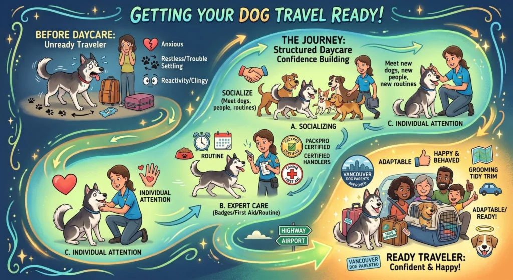 Picture of a colorful infographic explaining travel readiness for dogs