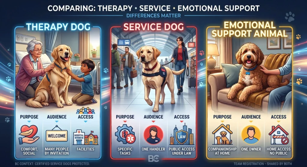 Picture of an infographic comparing therapy, service, and emotional support animals