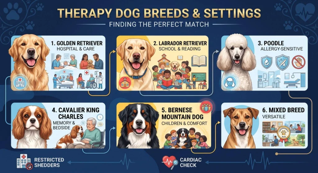 Picture of an infographic showing top therapy dog breeds and settings